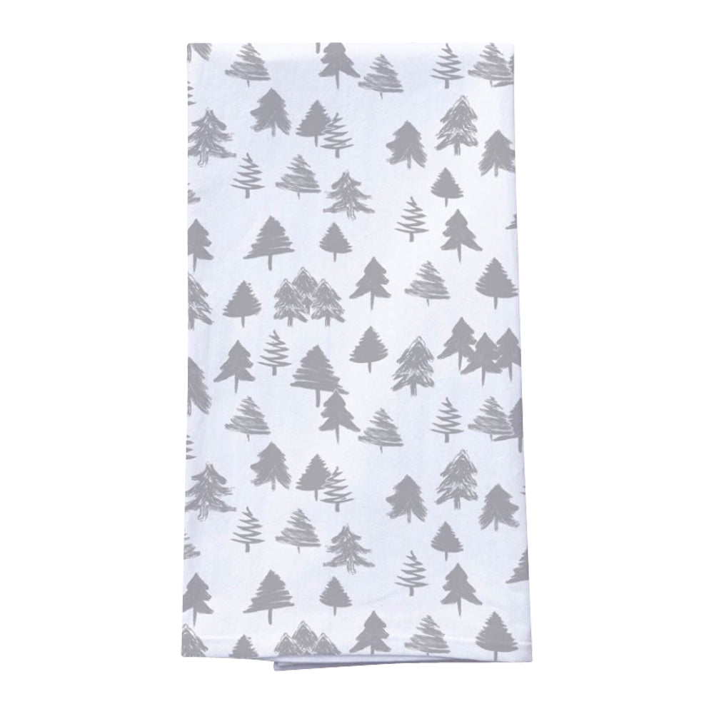 white flour sack tea towel silver gold holiday trees