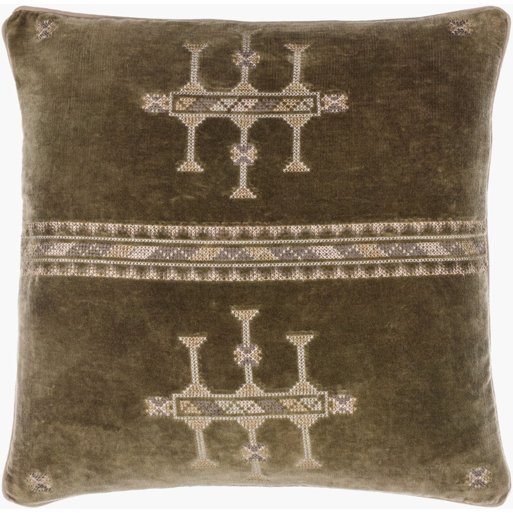 square dark green velvet pillow embroidered tribal pattern