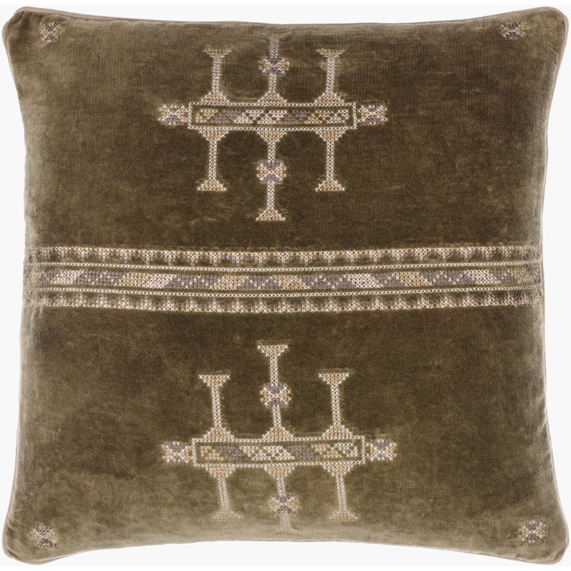 square dark green velvet pillow embroidered tribal pattern