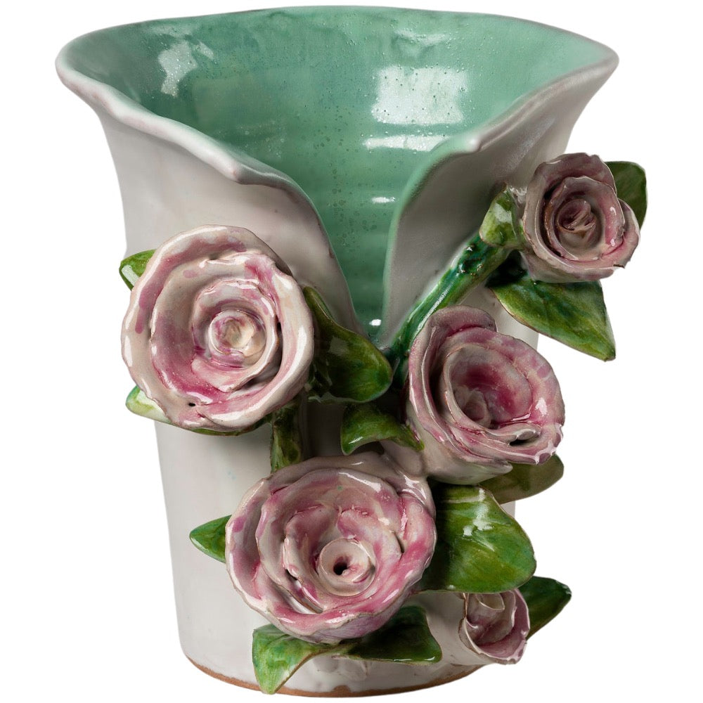 flower vase high-gloss pink roses green interior