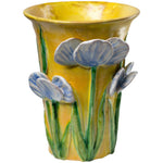 flower vase high-gloss mustard yellow vase blue white flowers green stems leaves