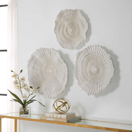 set 3 round wall discs sea coral white tan