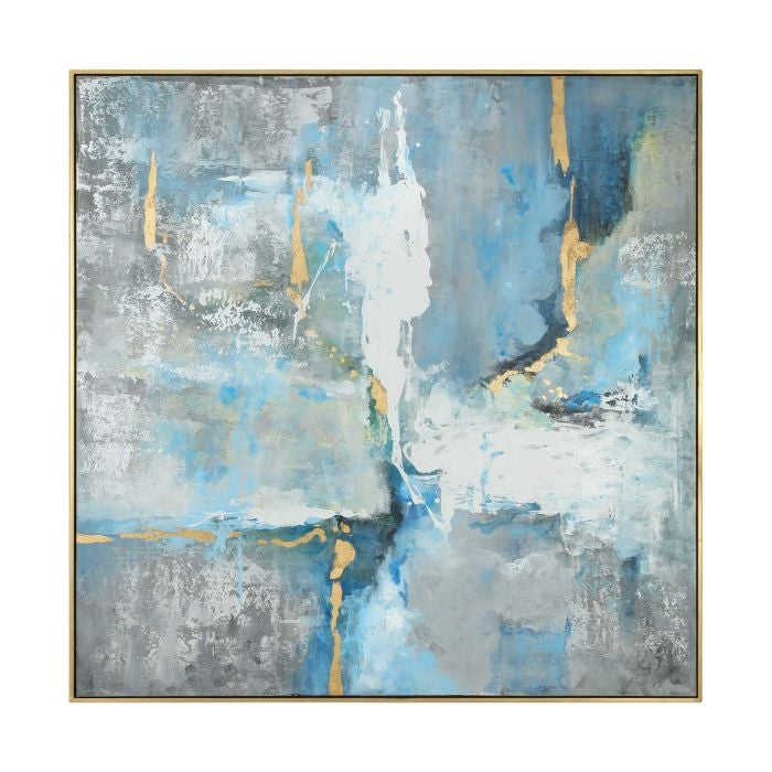 large square abstract painting canvas gold frame blue gray white