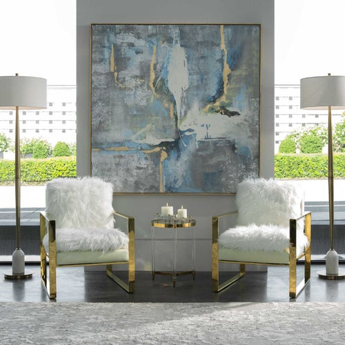 large square abstract painting canvas gold frame blue gray white