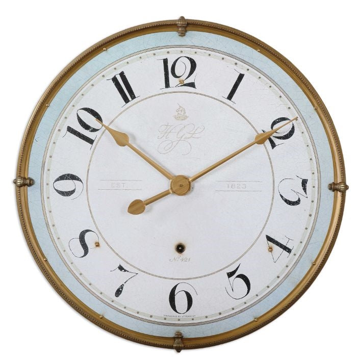 wall clock round gold light blue