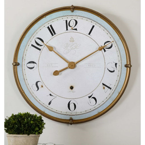 wall clock round gold light blue