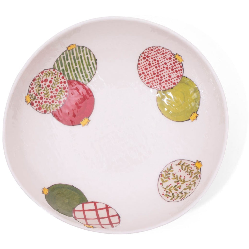 The Always Relish Christmas Ornaments Melamine Serving Bowl, from the set of 2, is round and white, crafted entirely from 100% melamine. It features vibrant red and green Christmas ornament designs around the inside edges—making it an ideal choice for a festive Christmas gathering.