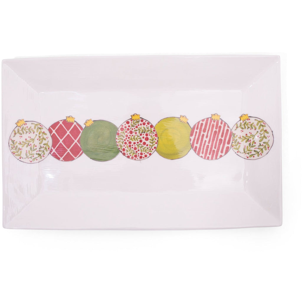 Introducing the Always Relish Christmas Ornaments Melamine Serving Platters (set of 2), rectangular white trays adorned with festive, decorated Christmas ornaments in red, green, and gold designs—ideal for a holiday gathering and dishwasher safe for effortless cleanup.