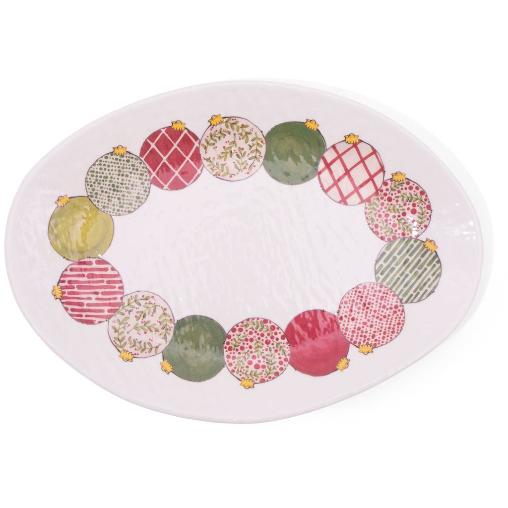 The Christmas Ornaments Melamine Serving Platters by Always Relish, featuring an alternating pattern of red, green, and white holiday ornaments around the rim, make for a festive serving dish in any setting. The set includes two oval platters.