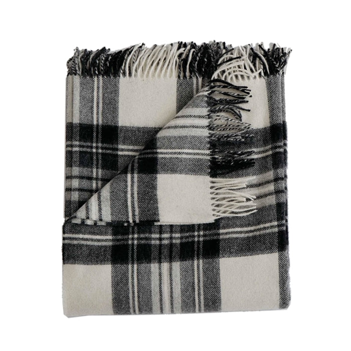 Merino wool throw coal black ivory plaid fringe Evangeline Linens