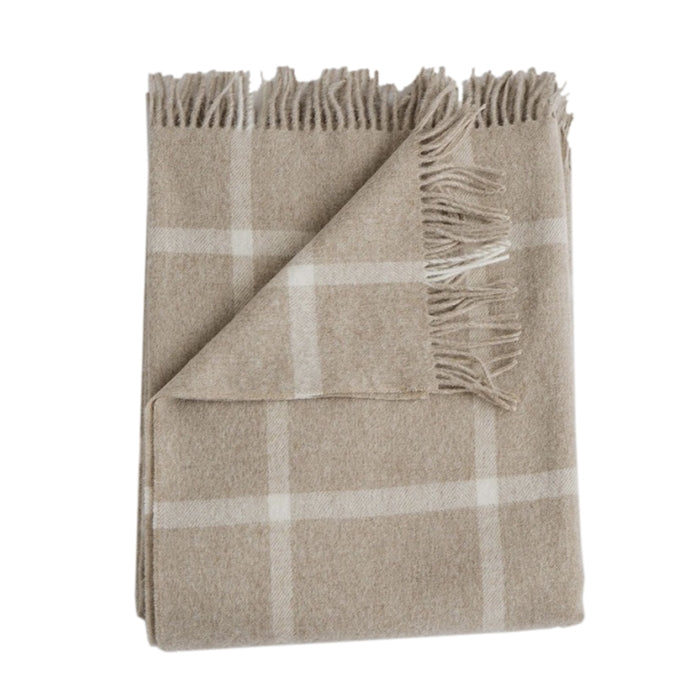 Merino wool throw light tan oatmeal windowpane squares fringe Evangeline Linens