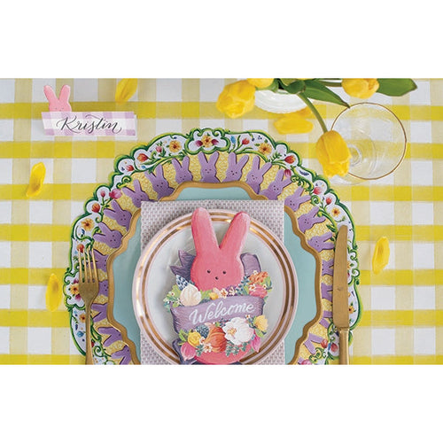 paper place cards peeps bunny rabbit purple ribbon flowers