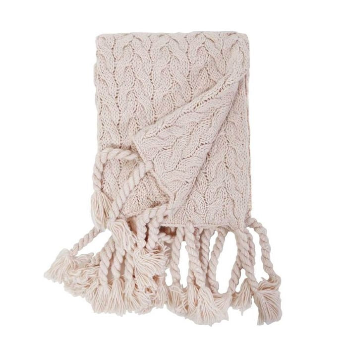 blush cable knit throw tassels