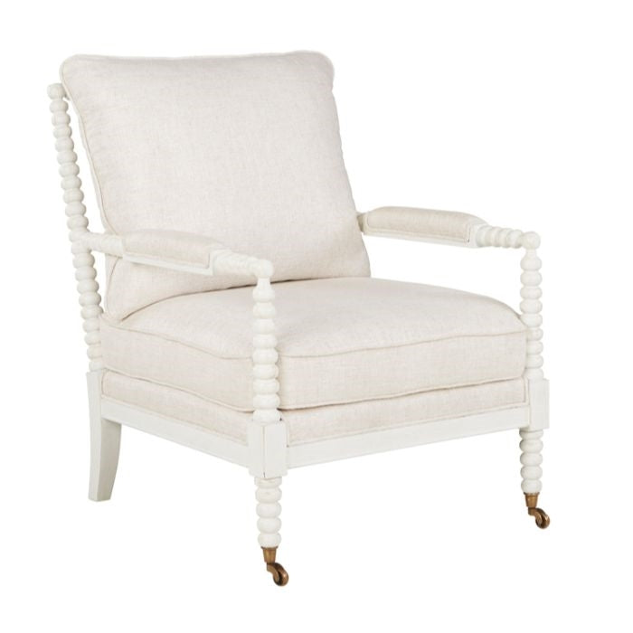 mahogany cushioned arm chair shell white fabric brass casters