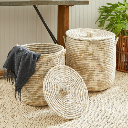 hamper basket handwoven natural white