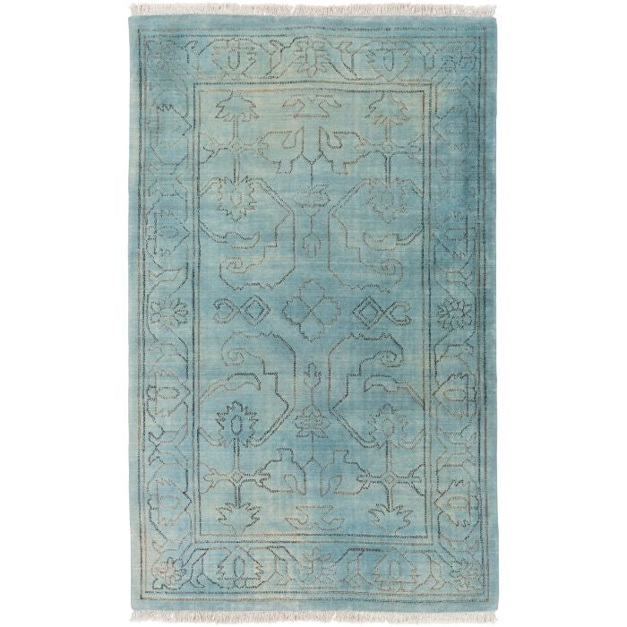 aqua wool area rug rectangle cream fringe edge